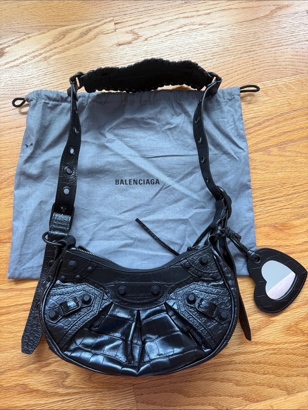 Balenciaga Black Croc-Embossed Shoulder Bag with Heart Charm